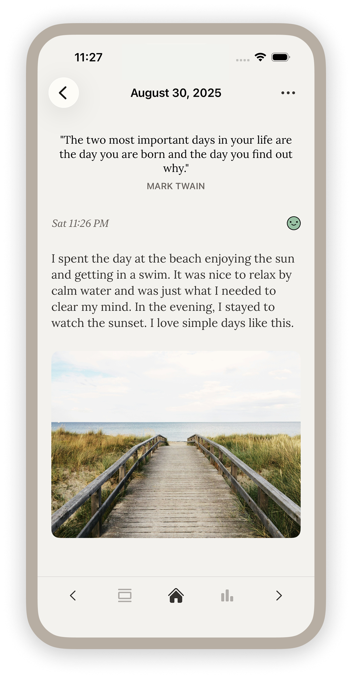 FiveYearJournal app showing detailed journal entry.